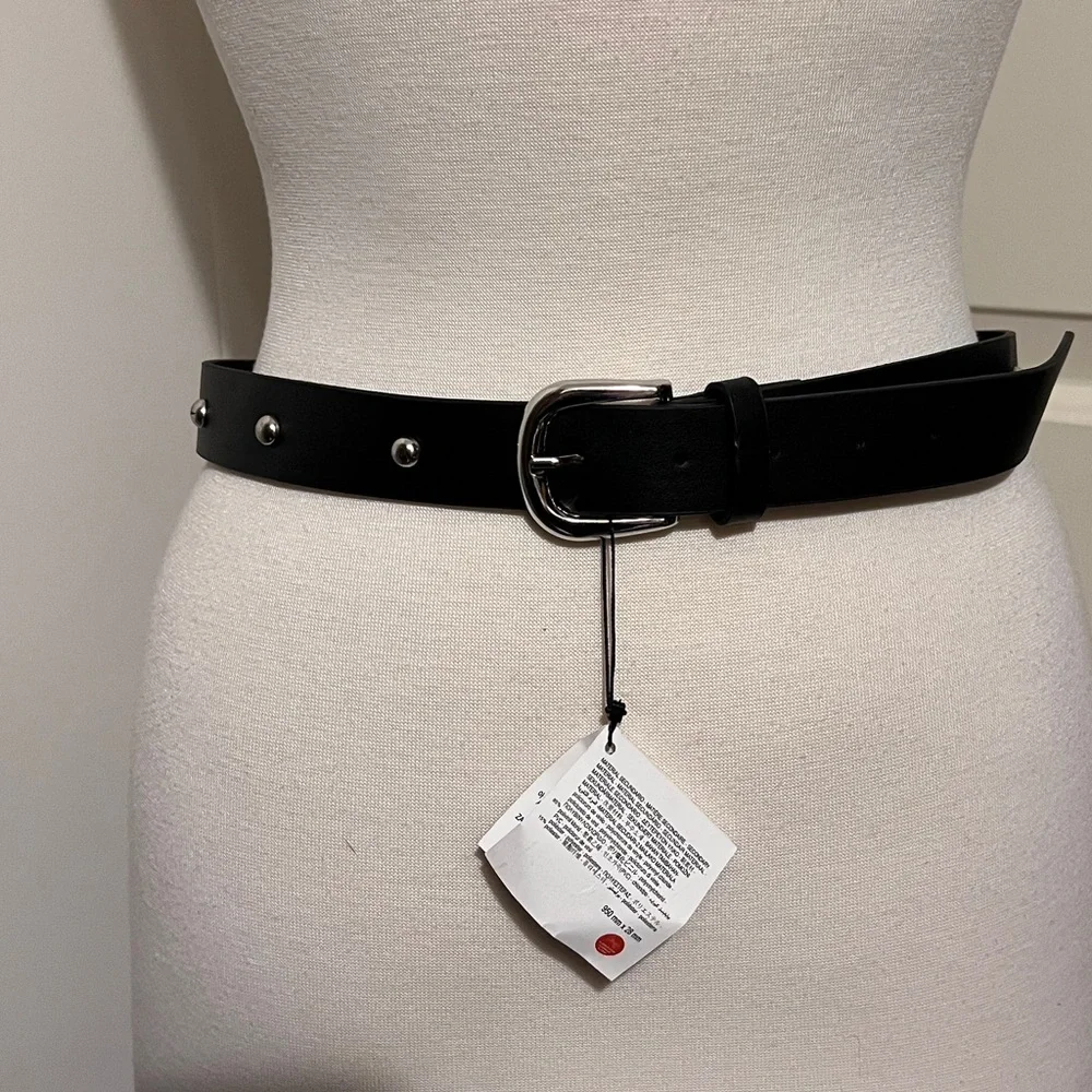 Zara Silver Studded Black Faux Leather‎ Belt Y2K Rock Punk Goth Wednesday